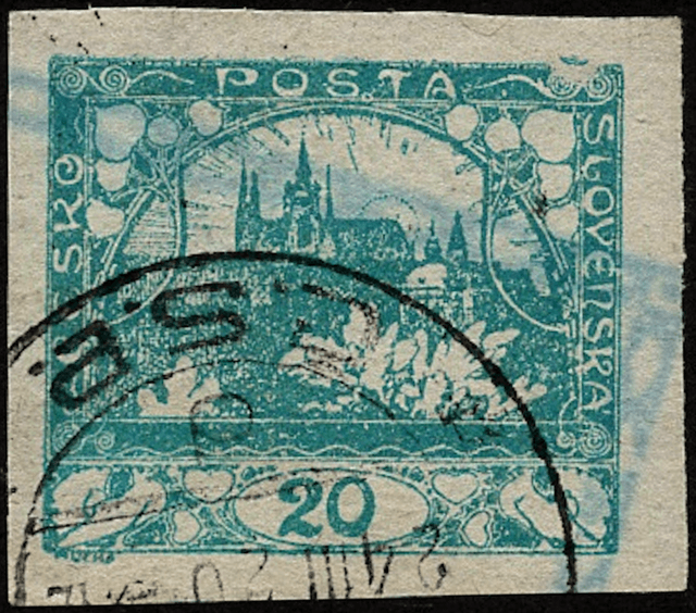 Hradčany Castle 20h turquoise-blue with double-print