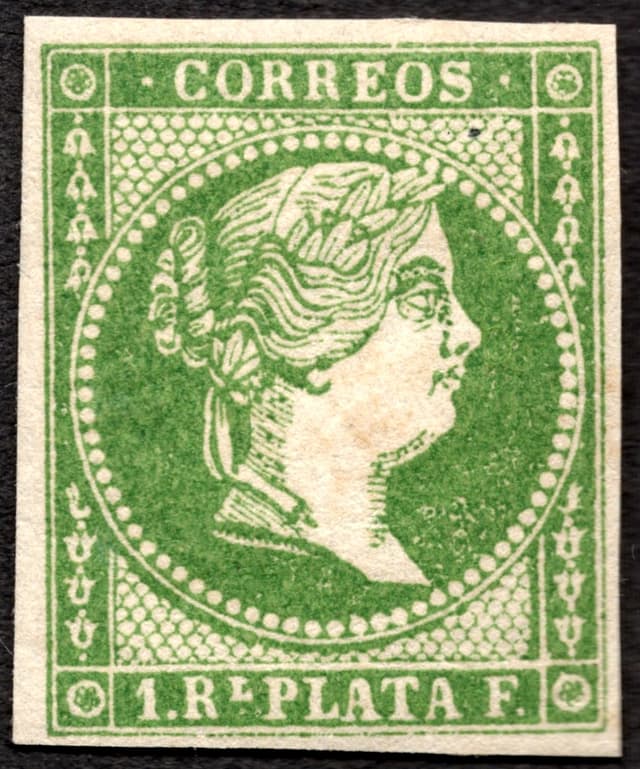 Queen Isabella II 1r green on blued paper